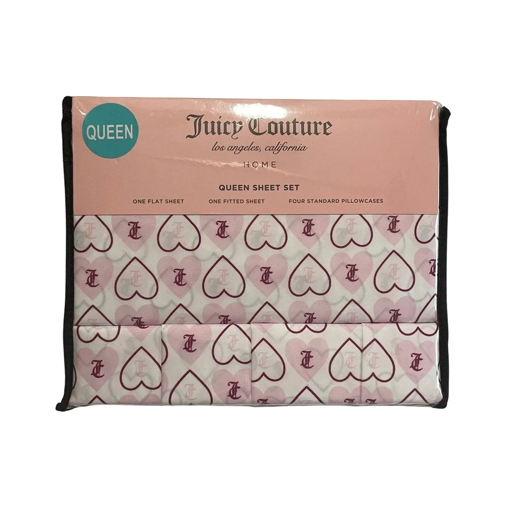Juicy Couture Queen‎ Sheet Set Heart Print Flat Fitted Pillowcases NEW
